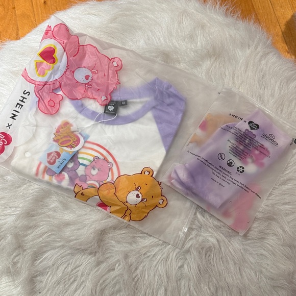 Care Bears XS Crop Top Socks Set New Lavender & White Care Bears 40th Raglan Tee - Picture 3 of 3